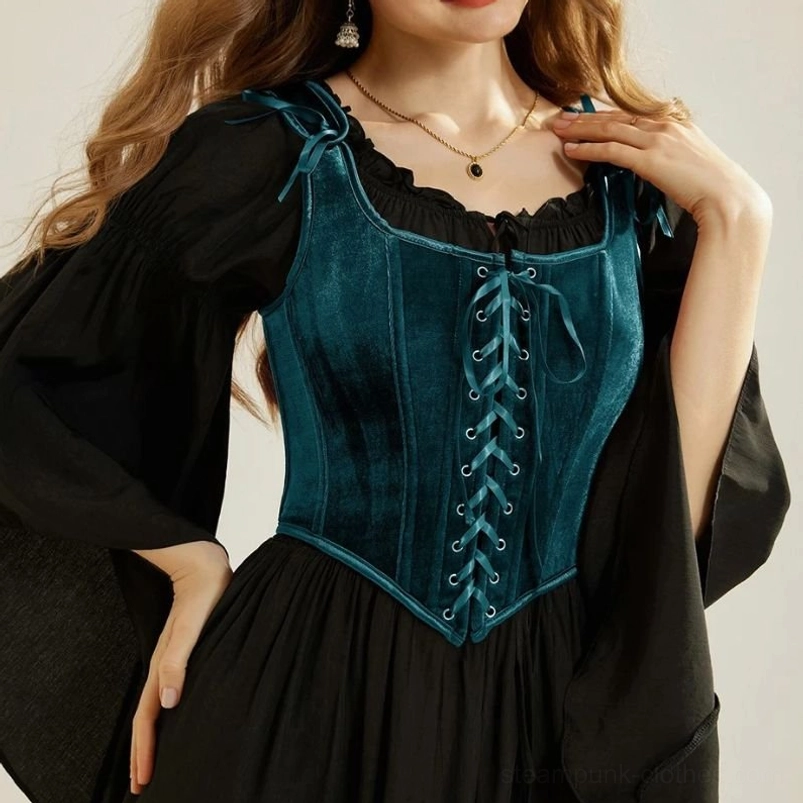 Teal velvet steampunk corset with square ruffled neckline and cross lace-up front, styled with ribbon shoulder ties on female model - three-quarter front view