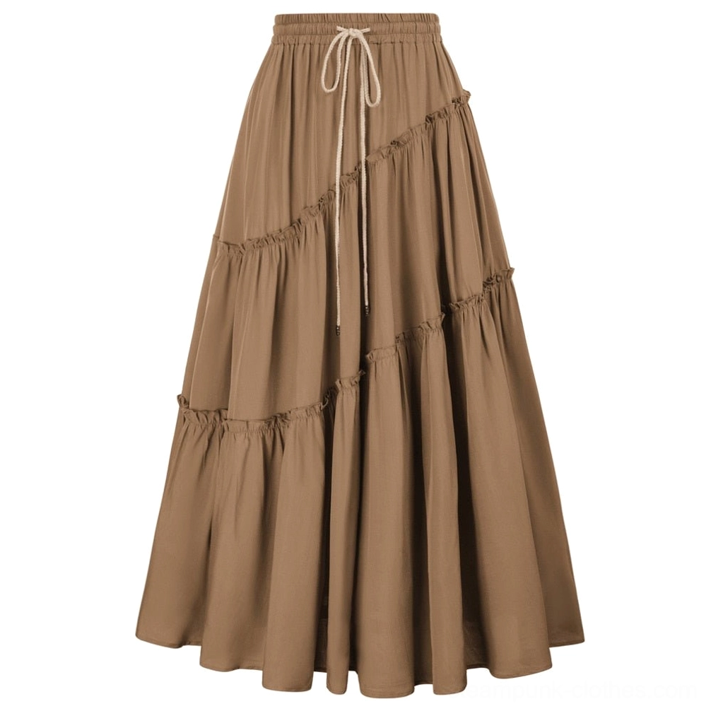 Tiered ruffled maxi skirt flat lay front view showing elastic drawstring waist, multi-layered construction, and detailed ruffled texture