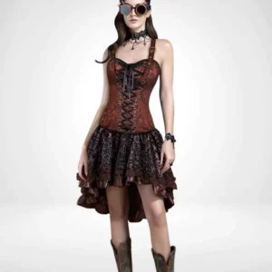 Time Traveler Steampunk Corset Dress - Complete 2-Piece Victorian Ensemble with Lace-Up Corset and Layered High-Low Skirt - Front Full Body View