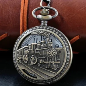 Steampunk pocket watch front view featuring intricate hollow steam train relief engraving, bronze-tone stainless steel case with diamond-patterned frame edge, Victorian-era inspired design