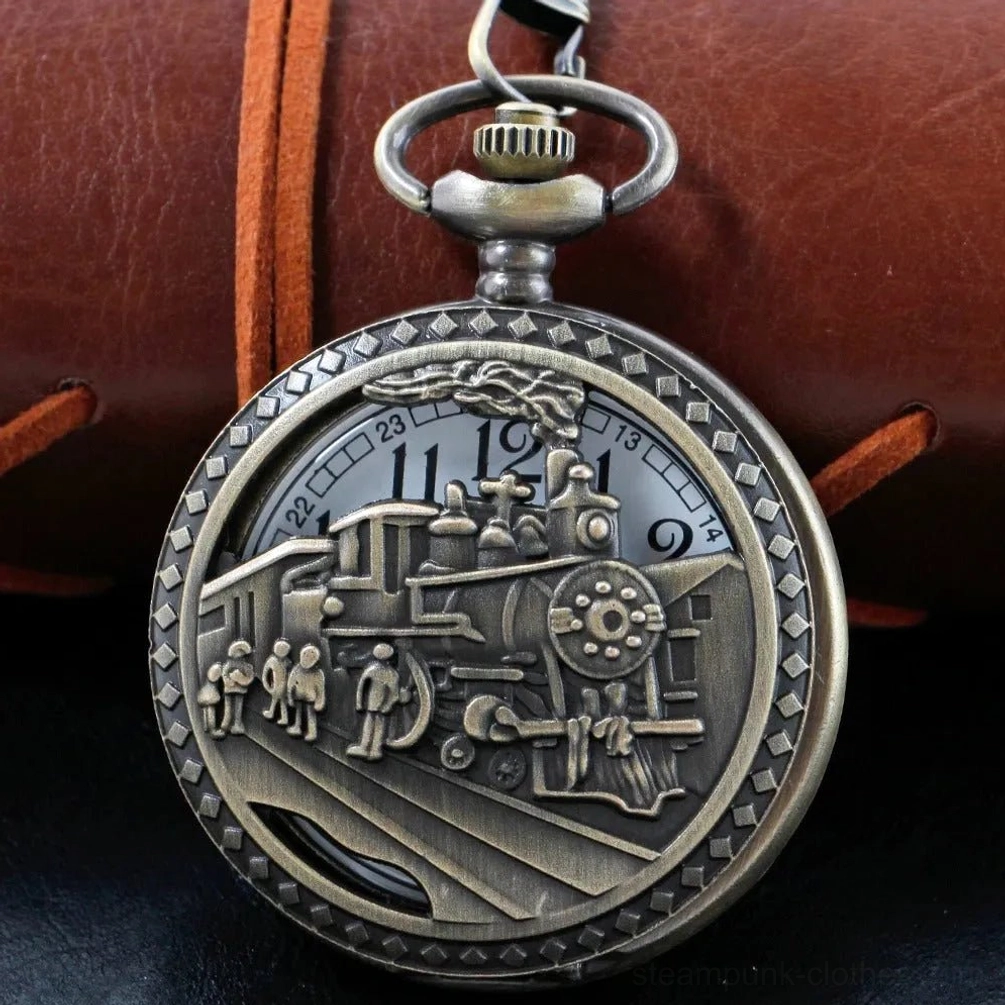 Steampunk pocket watch front view featuring intricate hollow steam train relief engraving, bronze-tone stainless steel case with diamond-patterned frame edge, Victorian-era inspired design