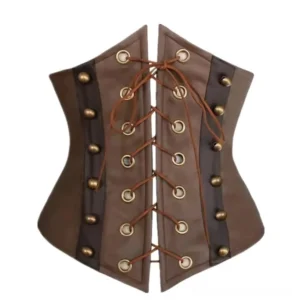 Steampunk corset flat lay display showing brown PU leather construction, lace-up detail with bronze rivets and grommets