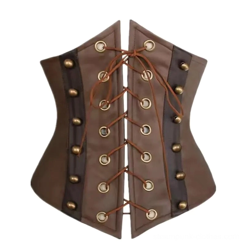 Steampunk corset flat lay display showing brown PU leather construction, lace-up detail with bronze rivets and grommets
