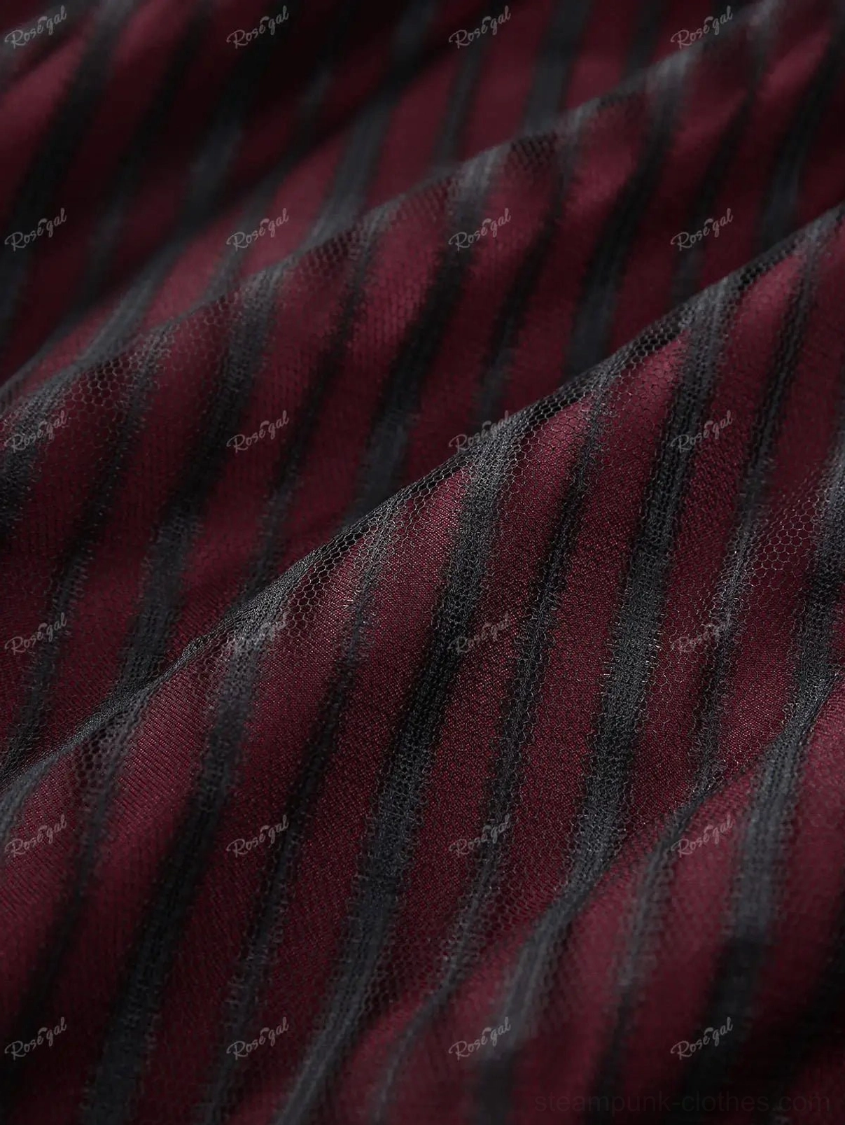 Mesh sleeve fabric detail of steampunk vampire dress: sheer black mesh with burgundy vertical stripes for layered aesthetic