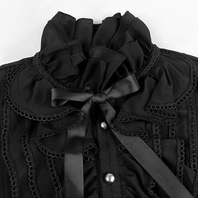Close-up detail of layered ruffled lace trim, satin ribbon bow accent, and round metal buttons on black gothic steampunk shirt collar