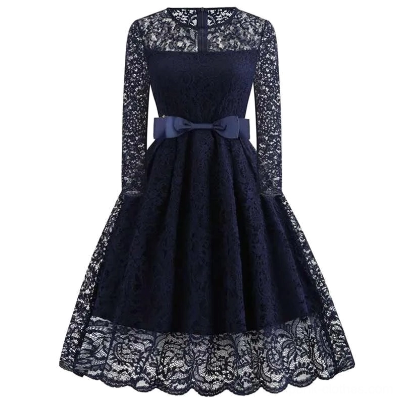 Veronica navy blue steampunk dress with sheer lace sleeves and bow waist detail, front view on white background