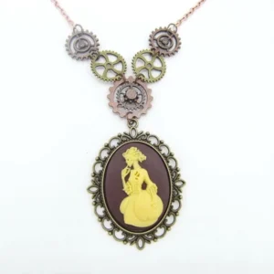 Victorian cameo steampunk necklace with mixed metal gears and bronze filigree frame, rose gold chain displayed on white background