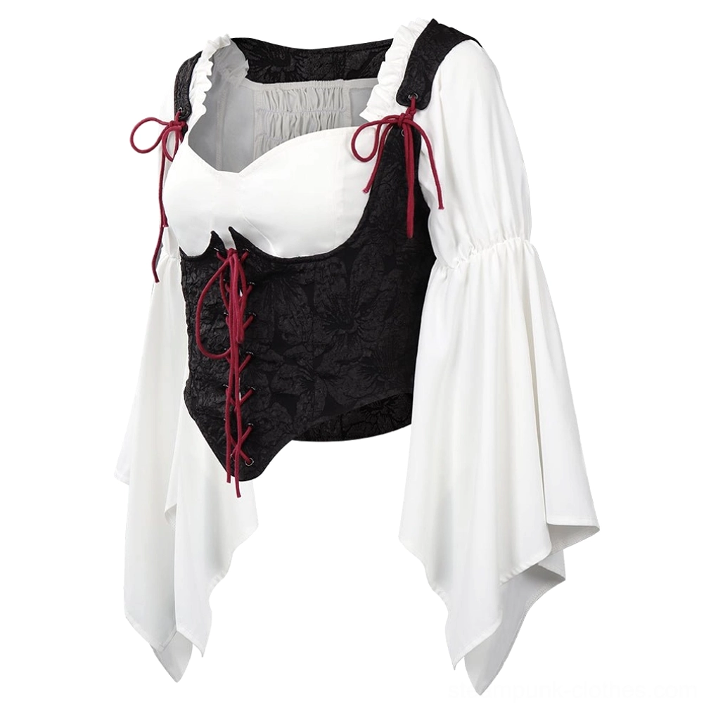 Side-front view of Victorian steampunk corset blouse showing ruched square neckline detail, red shoulder tie strap adjustment, and asymmetrical hemline with movement
