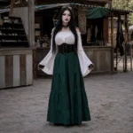 Off-shoulder emerald green steampunk damsel dress with tiered maxi skirt and black corset, front view on gothic model at vintage fair