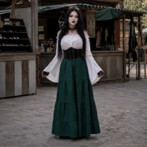 Off-shoulder emerald green steampunk damsel dress with tiered maxi skirt and black corset, front view on gothic model at vintage fair