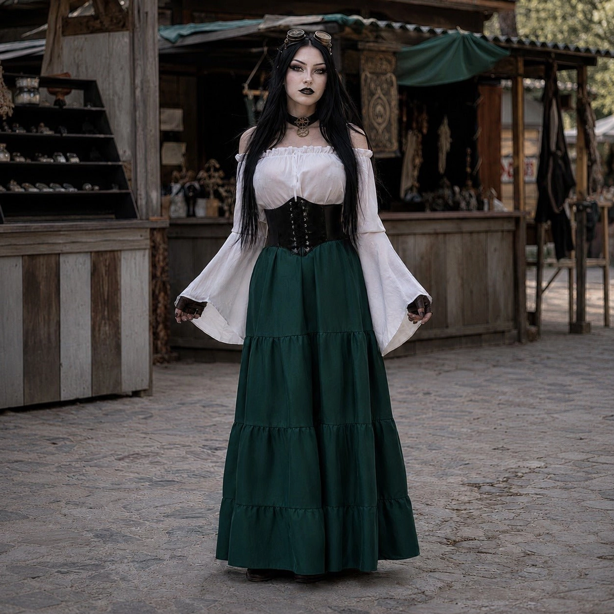 Off-shoulder emerald green steampunk damsel dress with tiered maxi skirt and black corset, front view on gothic model at vintage fair