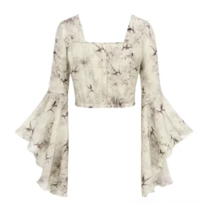 Steampunk flare sleeve blouse front view without closure, showing square neckline and matching purple floral fabric