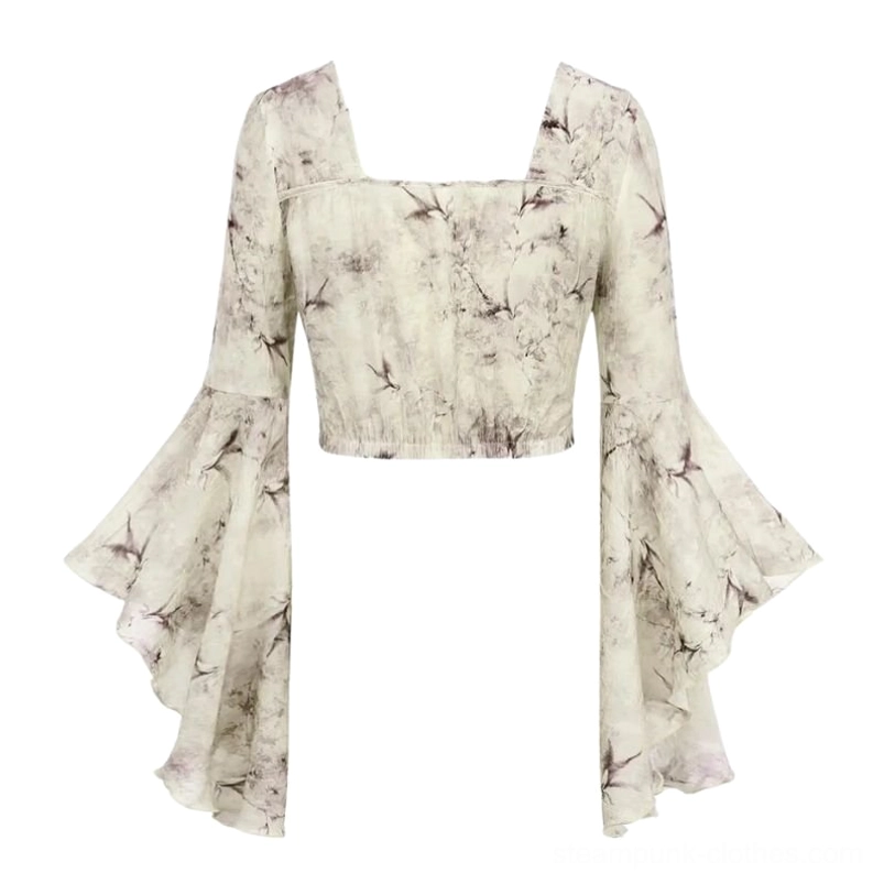 Steampunk flare sleeve blouse front view without closure, showing square neckline and matching purple floral fabric