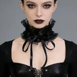 Victorian gothic lace neck collar with satin ribbon tie worn by model with dark makeup, front close-up view showing delicate black ruffled lace framing the neckline