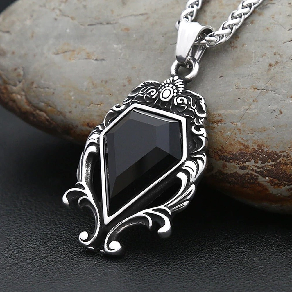 gothic pendant necklace polished black stone engraved silver border sturdy chain