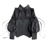 Victorian Gothic cold-shoulder lantern steampunk shirt with ruffled double collar, crisscross ribbon trim, and irregular hemline in dark grey striped fabric