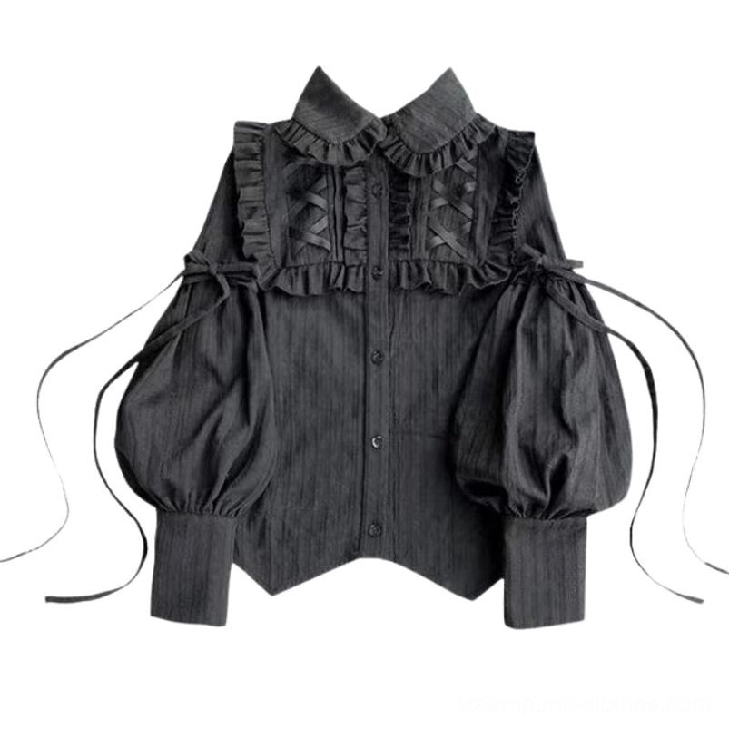 Victorian Gothic cold-shoulder lantern steampunk shirt with ruffled double collar, crisscross ribbon trim, and irregular hemline in dark grey striped fabric