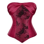 Victorian overbust corset front view burgundy red satin black floral lace panel sweetheart neckline steampunk