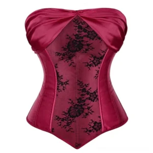 Victorian overbust corset front view burgundy red satin black floral lace panel sweetheart neckline steampunk