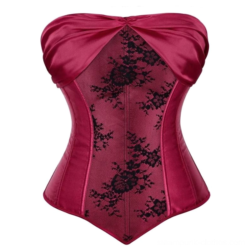 Victorian overbust corset front view burgundy red satin black floral lace panel sweetheart neckline steampunk