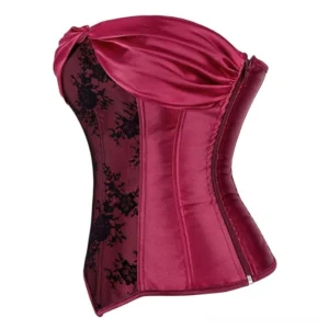 Victorian corset side view showing hidden side zipper and structured satin construction gothic lace details