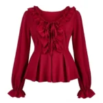 Victorian ruffle blouse front view burgundy red with ruffled square neckline front tie and peplum hem