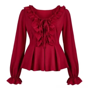 Victorian ruffle blouse front view burgundy red with ruffled square neckline front tie and peplum hem