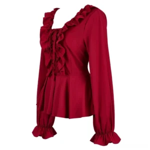 Victorian ruffle blouse three-quarter view burgundy showing ruffled neckline lace-up detail fitted waist and flared cuffs