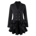 Black Victorian steampunk blazer dress with double-breasted brass buttons and lace-trimmed ruffled hem, front view on white studio background