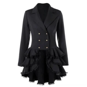 Black Victorian steampunk blazer dress with double-breasted brass buttons and lace-trimmed ruffled hem, front view on white studio background