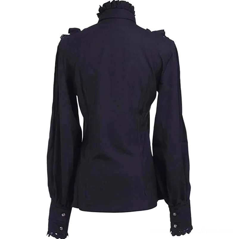 Black Victorian steampunk blouse back view featuring ruffled high collar and scalloped buttoned cuffs