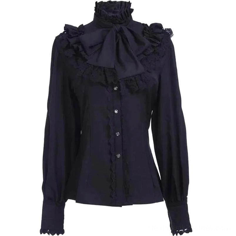 Black Victorian steampunk women's blouse with high ruffled collar, bow trim, metal buttons, and puff sleeves - front view