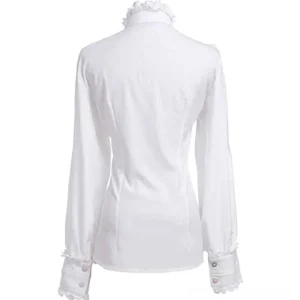 White Victorian steampunk blouse back view showing ruffled high collar, tailored waist, and buttoned ruffled cuffs
