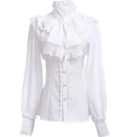 White Victorian steampunk blouse with lace jabot bow collar, puff sleeves, and scalloped cuffs - front view