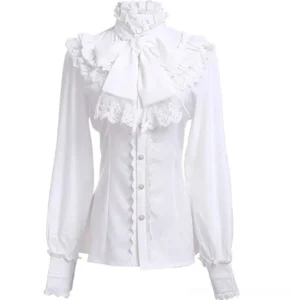 White Victorian steampunk blouse with lace jabot bow collar, puff sleeves, and scalloped cuffs - front view
