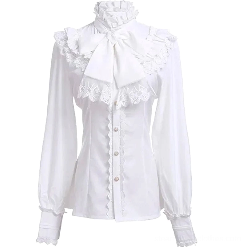 White Victorian steampunk blouse with lace jabot bow collar, puff sleeves, and scalloped cuffs - front view