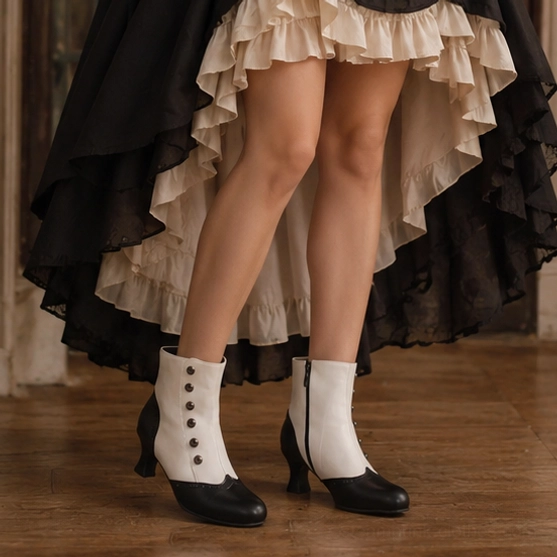 Steampunk boots styled with vintage Victorian ruffle skirt, showing side profile of decorative buttons and curved kitten heel on wooden floor