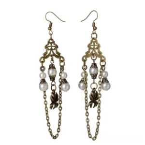 Victorian steampunk chandelier earrings with antiqued brass filigree, imitation pearl beads, chain tassels, and flower charms on white background