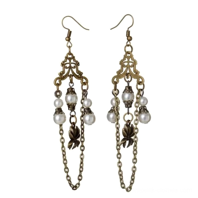 Victorian steampunk chandelier earrings with antiqued brass filigree, imitation pearl beads, chain tassels, and flower charms on white background