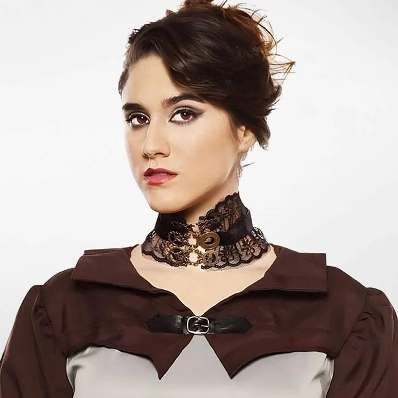 Victorian steampunk choker with bronze gears and clock charms on model - front half-body studio view