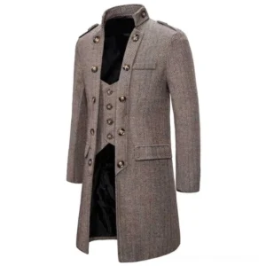 Victorian-inspired steampunk coat three-quarter angle showing shoulder epaulets, structured cut, and authentic brass-toned button details characteristic of industrial-era tailoring