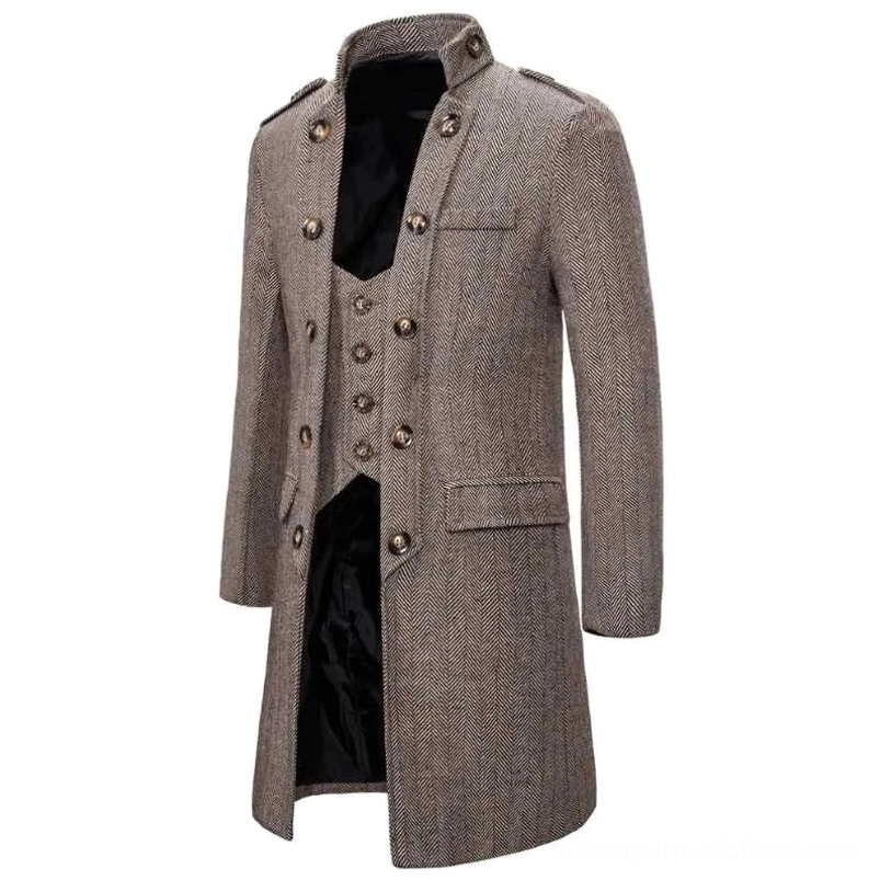 Victorian-inspired steampunk coat three-quarter angle showing shoulder epaulets, structured cut, and authentic brass-toned button details characteristic of industrial-era tailoring