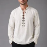 Men's Victorian Lace-Up Steampunk Shirt - White Stand Collar Front View with Grommets and Flared Cuffs