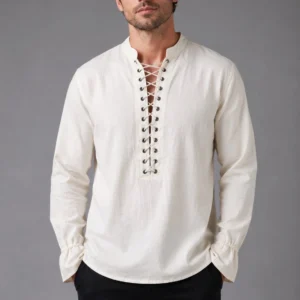 Men's Victorian Lace-Up Steampunk Shirt - White Stand Collar Front View with Grommets and Flared Cuffs
