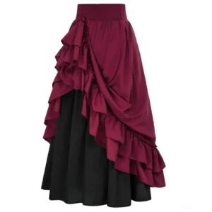Two-tone steampunk Victorian ruffled maxi skirt with smocked high waist, asymmetrical overlay, black underlayer, flat lay studio view