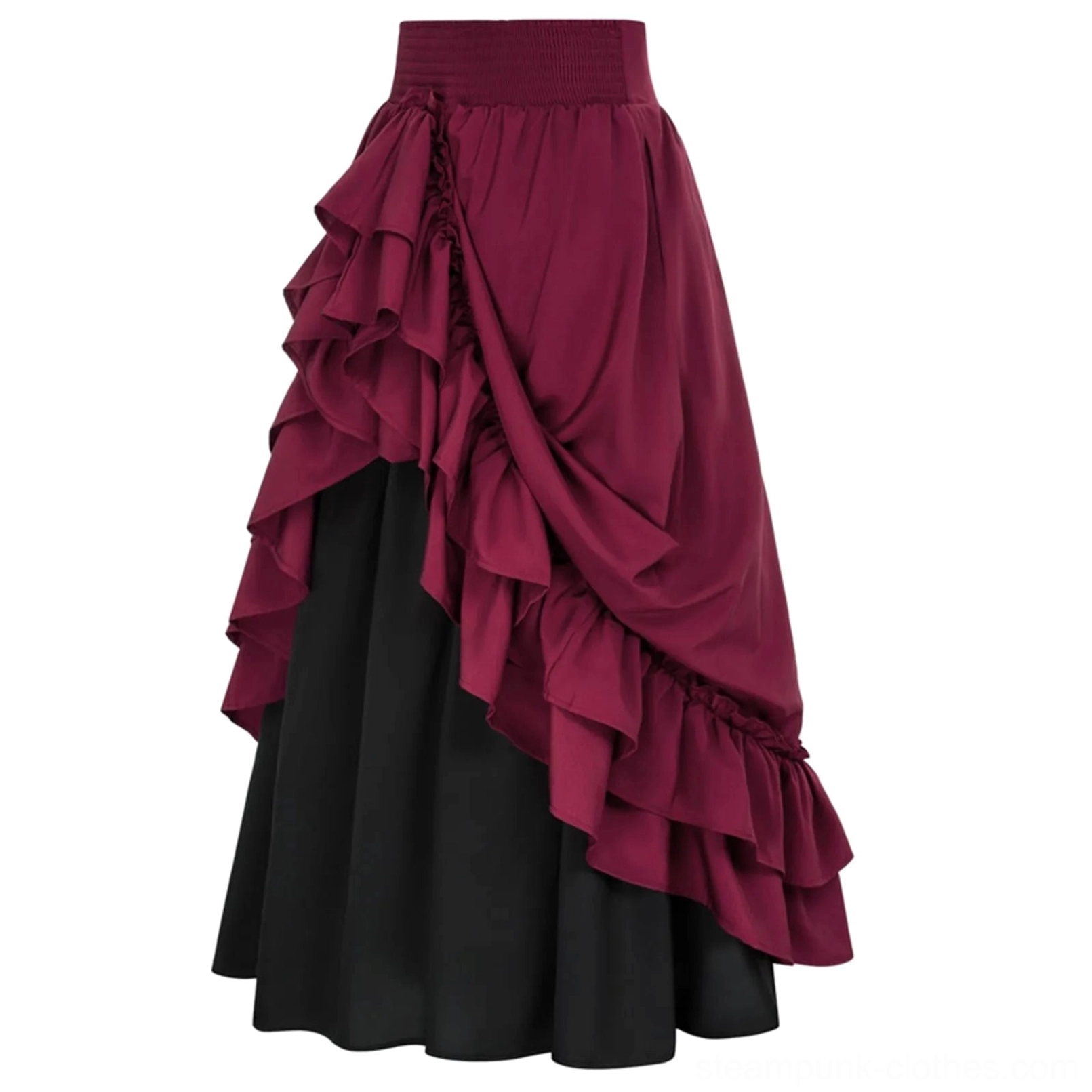 Two-tone steampunk Victorian ruffled maxi skirt with smocked high waist, asymmetrical overlay, black underlayer, flat lay studio view