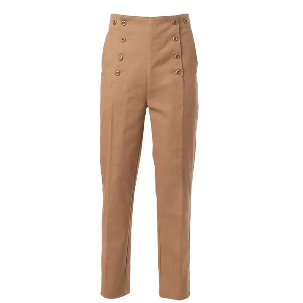 Tan khaki steampunk trousers flat lay front view dual brass button fly authentic Victorian