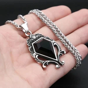 ornate gothic necklace braided silver chain kite cut black stone intricate scrollwork detail