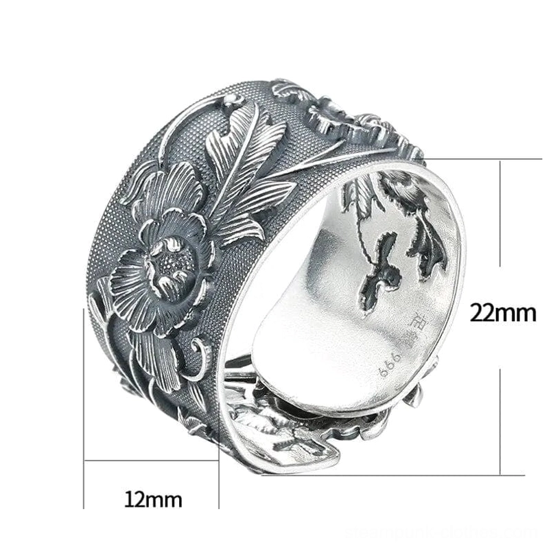 Wide adjustable steampunk ring with embossed peony pattern, 22mm width measurement and inner hallmarks visible on white background