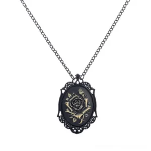 Victorian steampunk rose cameo necklace featuring ornate lace-style black metal frame with bronze rose cameo, attached to black cable chain, gothic vintage jewelry on white background